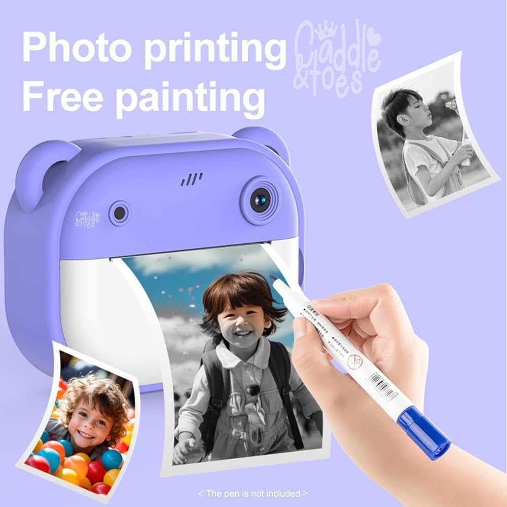 SnapJoy camera with sample thermal prints fanned out - capture moments, print on the spot