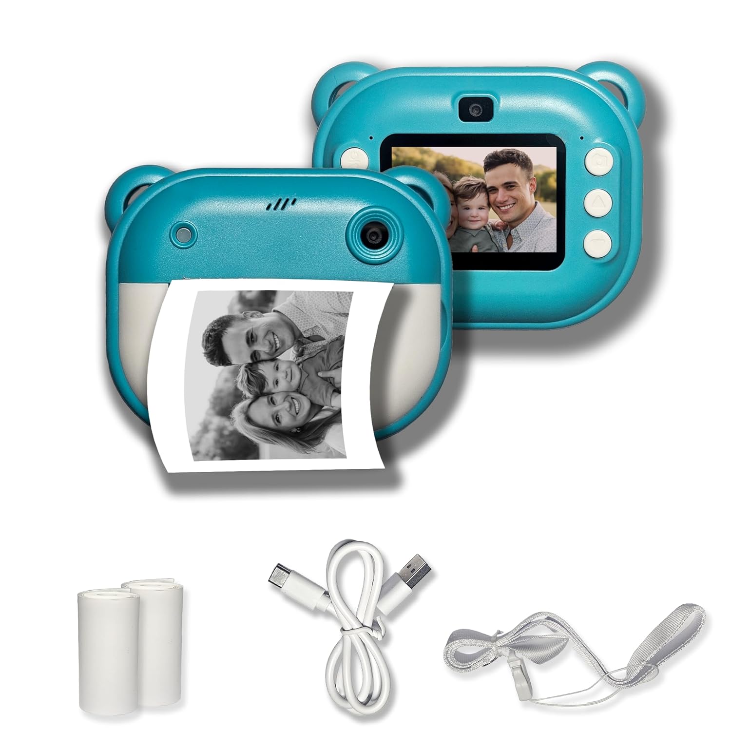 SnapJoy Camera with thermal print roll loaded - replaceable cartridge, no ink ever needed
