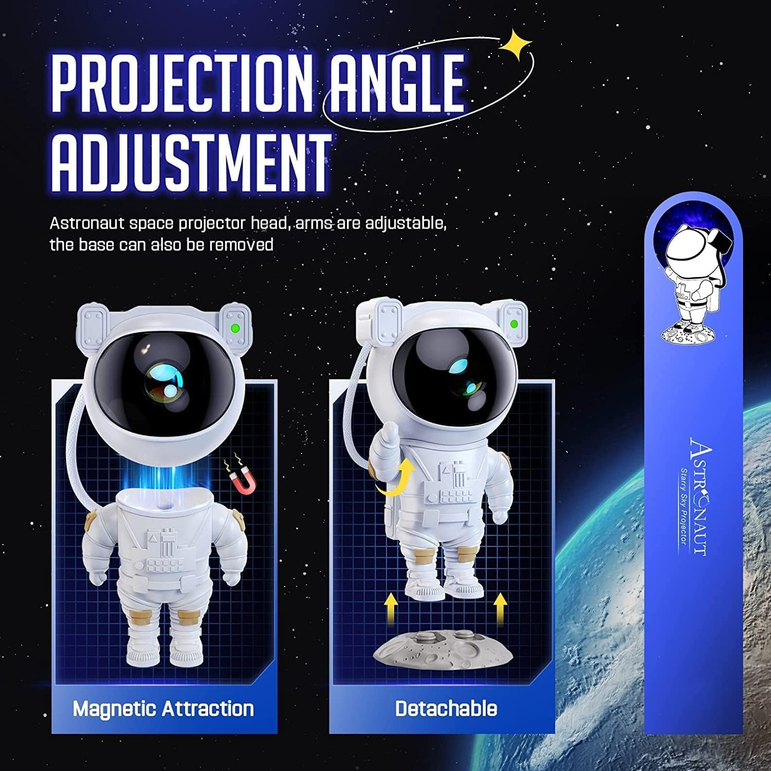 Astronaut galaxy projector remote control showing brightness, colour and timer settings