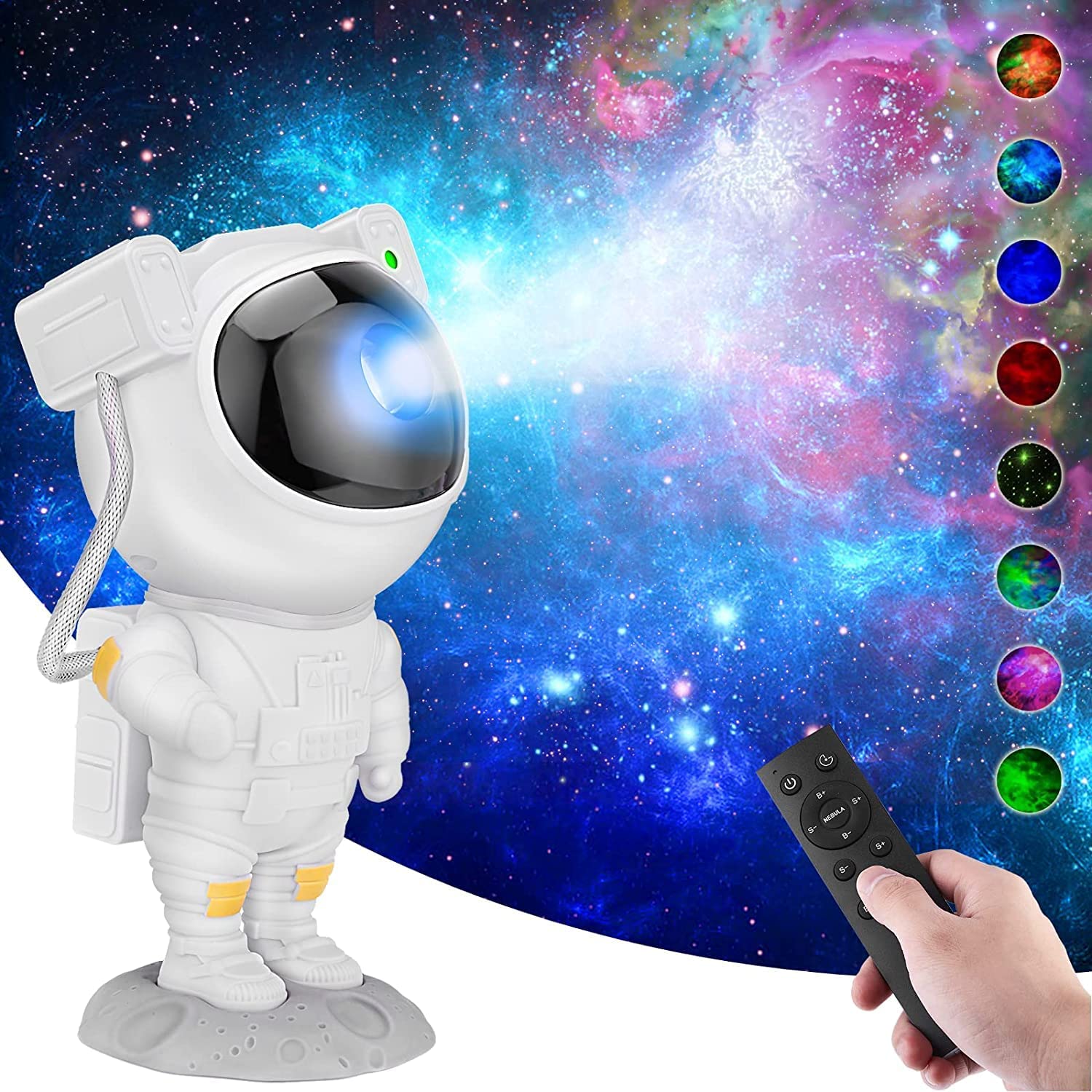 Astronaut projector pointing at ceiling with USB cable - works with any power adapter or power bank