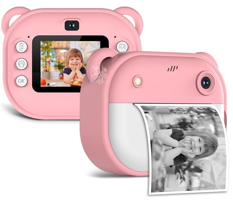 Kids instant print camera showing screen with photo preview and fun frame filters